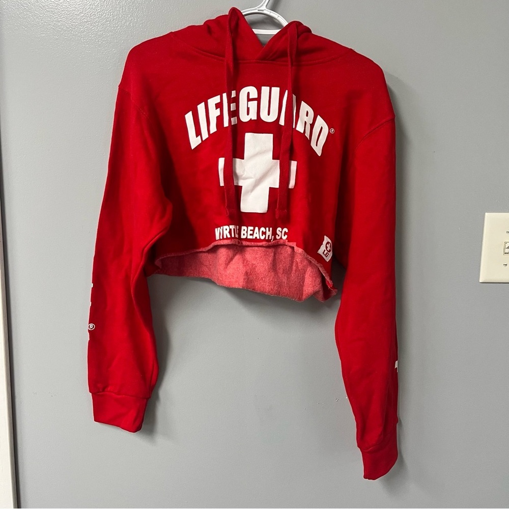 lifeguard red cropped pullover ladies hoodie myrtle‎ beach sc  size small summer